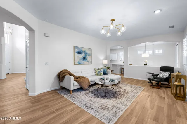 a view of a dining room with furniture