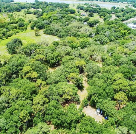 an aerial view of residential houses with outdoor space and trees