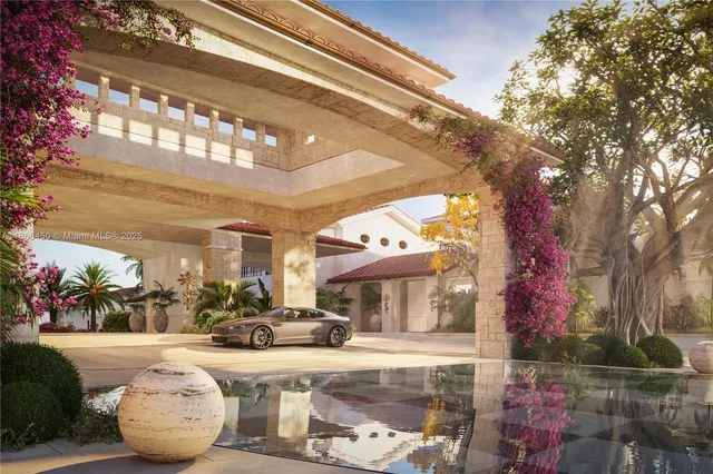 a view of a swimming pool with a lawn chairs under an umbrella