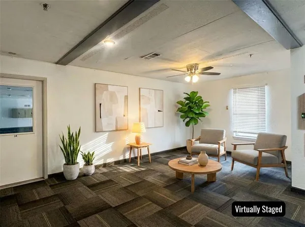 a living room with furniture and a potted plant