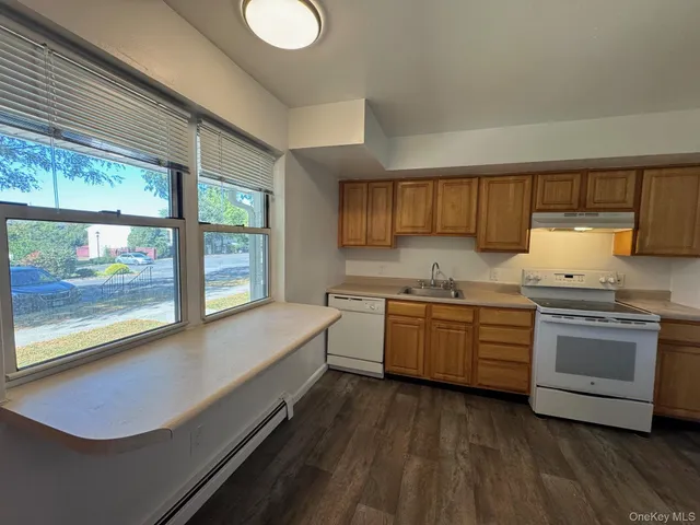 a kitchen with granite countertop cabinets stainless steel appliances and a large window