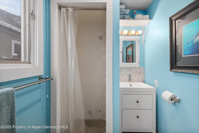 a view of a house with a snow in the background