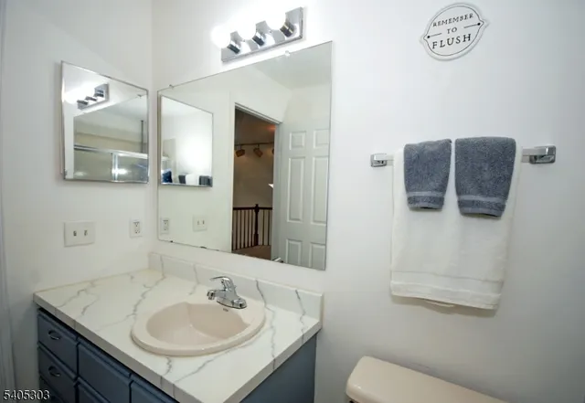 a bathroom with a sink toilet and mirror