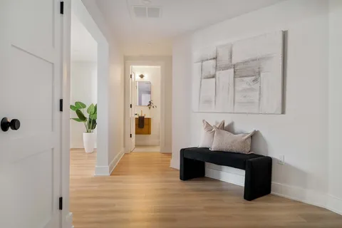a living room with furniture and a potted plant