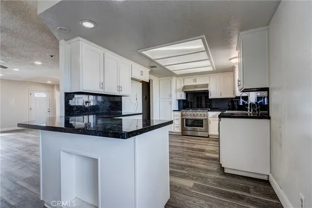 a kitchen with stainless steel appliances granite countertop a stove a sink and a microwave