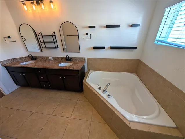 a bathroom with a tub sink and mirror