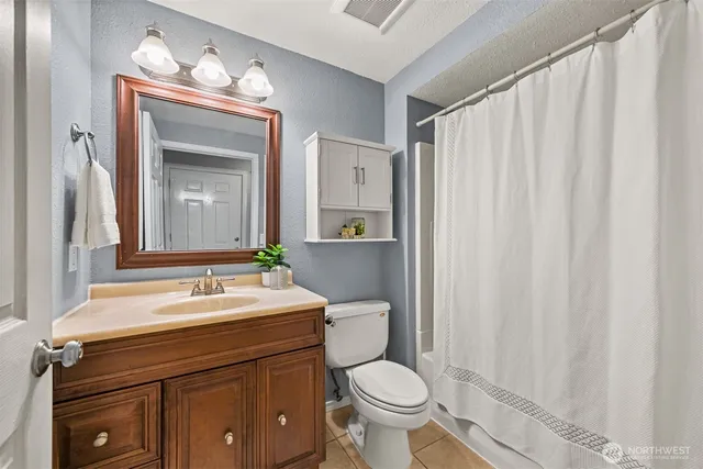 a bathroom with a sink vanity and a toilet