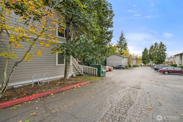 a view of a bench in a garden