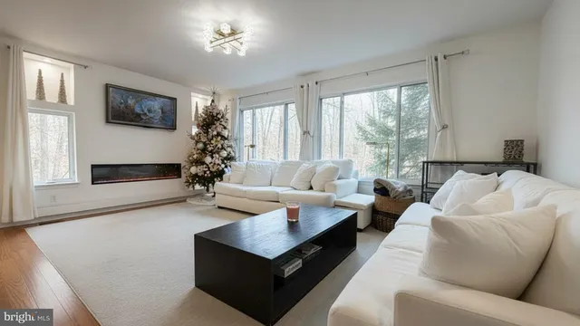 a living room with furniture flower pot and a large window