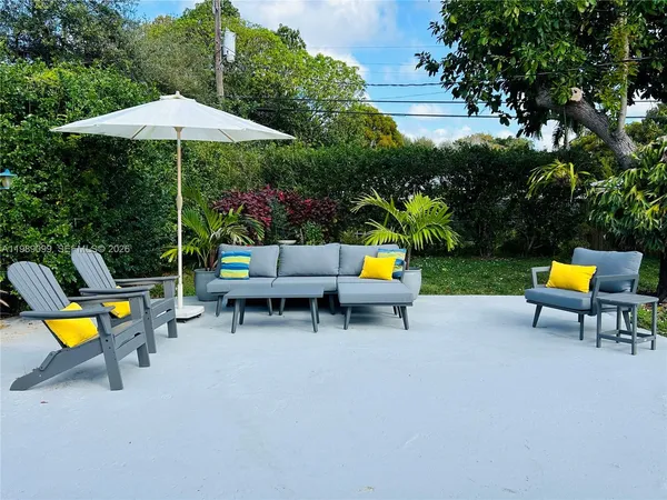 a backyard of a house with table and chairs
