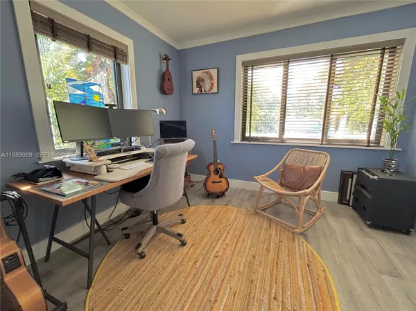 a workspace with wooden floor