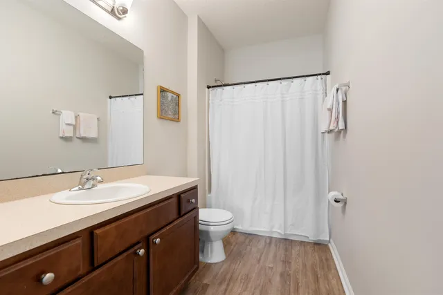 a bathroom with a sink a toilet a shower curtain and a large mirror