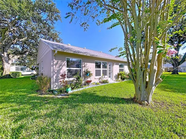 a view of a house with backyard and a tree