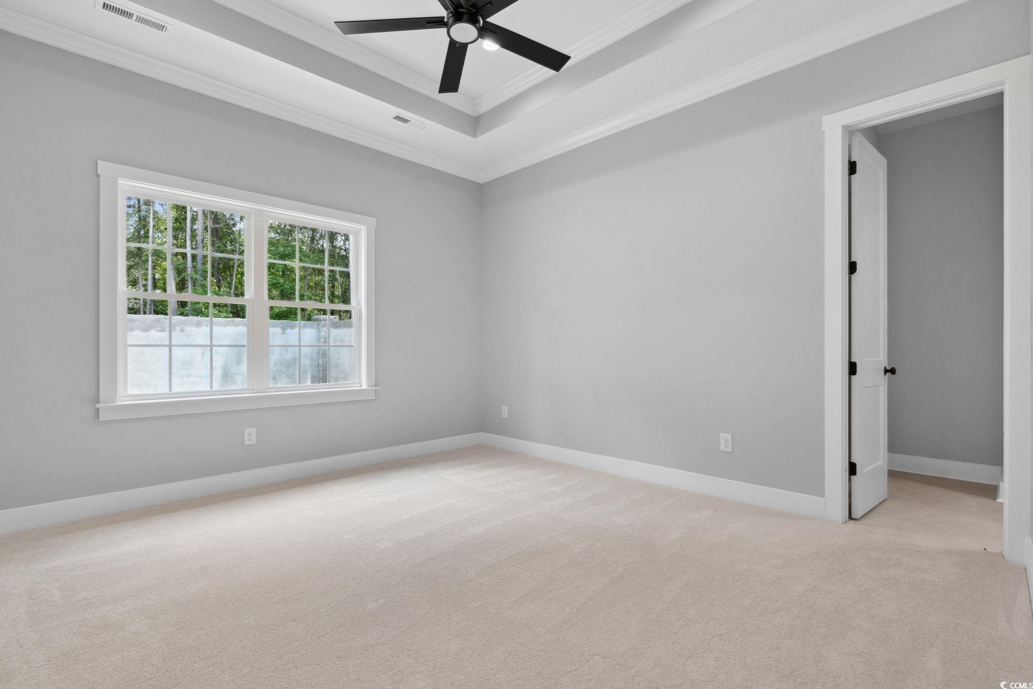 297 Waterfall Circle Little River, SC 29566 - Photo 20 of 40 Spare room featuring crown molding, light colored carpet, a ceiling fan, a raised ceiling, and baseboards
