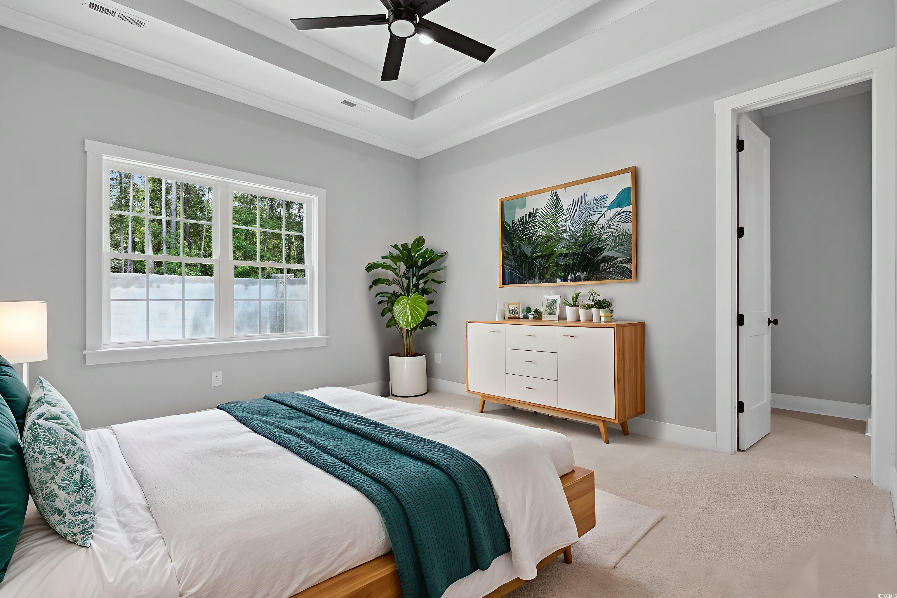 297 Waterfall Circle Little River, SC 29566 - Photo 21 of 40 Carpeted bedroom featuring a raised ceiling, ornamental molding, and a ceiling fan