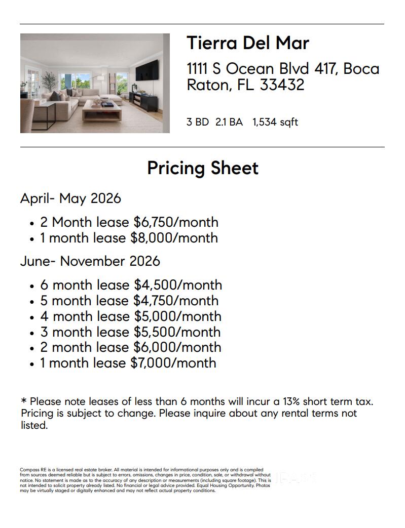 1111 South Ocean Boulevard, Unit 417 Boca Raton, FL 33432 - Photo 45 of 47 Pricing Sheet