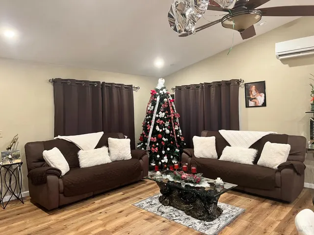 a living room with furniture ceiling fan and a rug
