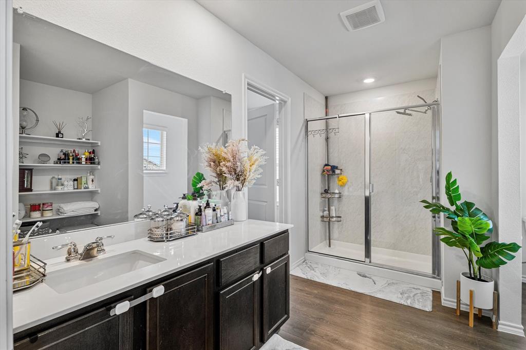1231 Delmita Drive Forney, TX 75126 - Photo 27 of 38 a bathroom with a granite countertop sink a potted plant and a shower