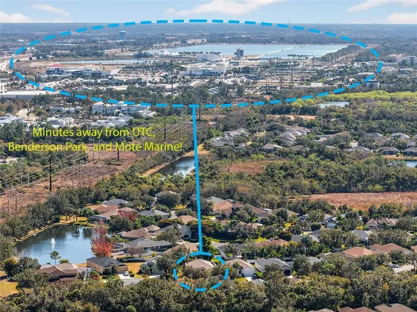 an aerial view of residential houses with outdoor space and swimming pool