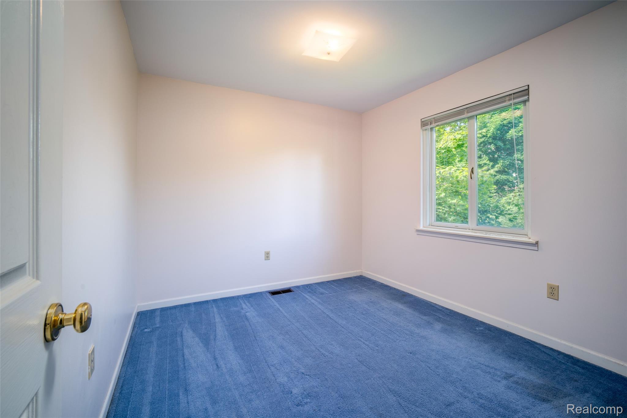 22533 Winfield Road Novi, MI 48375 - Photo 17 of 43 Bright room featuring a single window, blue carpeting, and a flush-mount ceiling light fixture