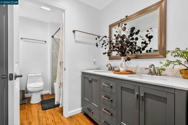 a bathroom with a sink and mirror with toilet