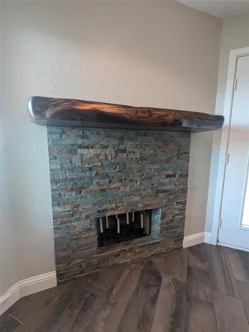 a room with a fireplace