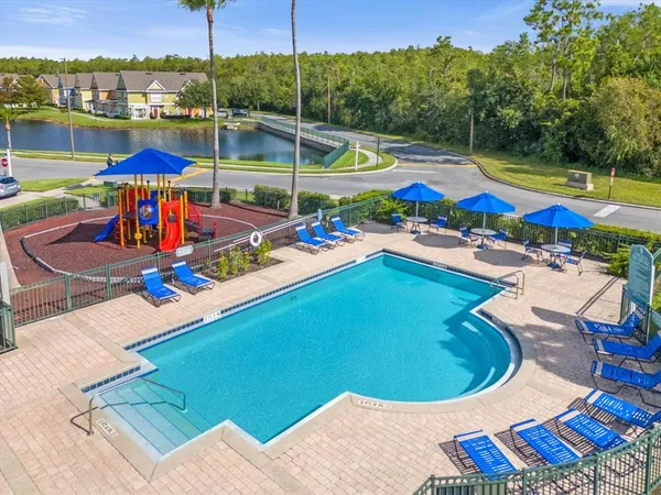 an aerial view of a house with a garden