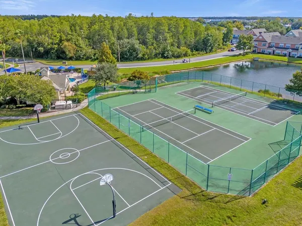 a view of a lake with houses in the back