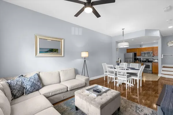 a view of a dining room with furniture
