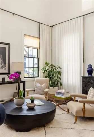 a living room with furniture and a potted plant