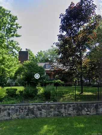 a view of a yard with plants and large trees