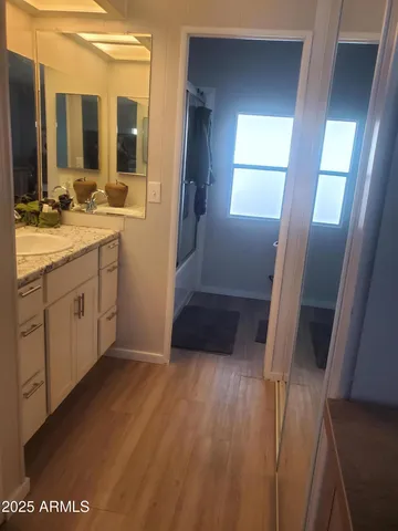 a bathroom with a sink a mirror and a shower