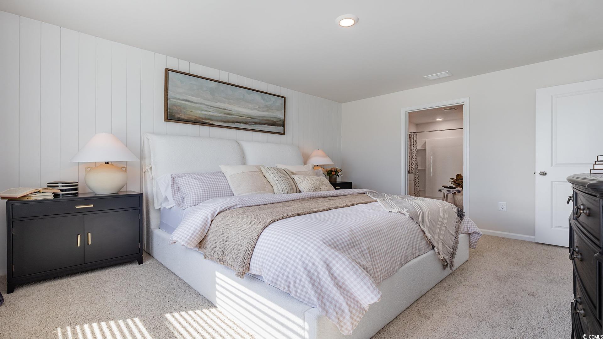 850 Farmers Passage Loop Loris, SC 29569 - Photo 16 of 28 Bedroom with light colored carpet, baseboards, ensuite bathroom, and recessed lighting