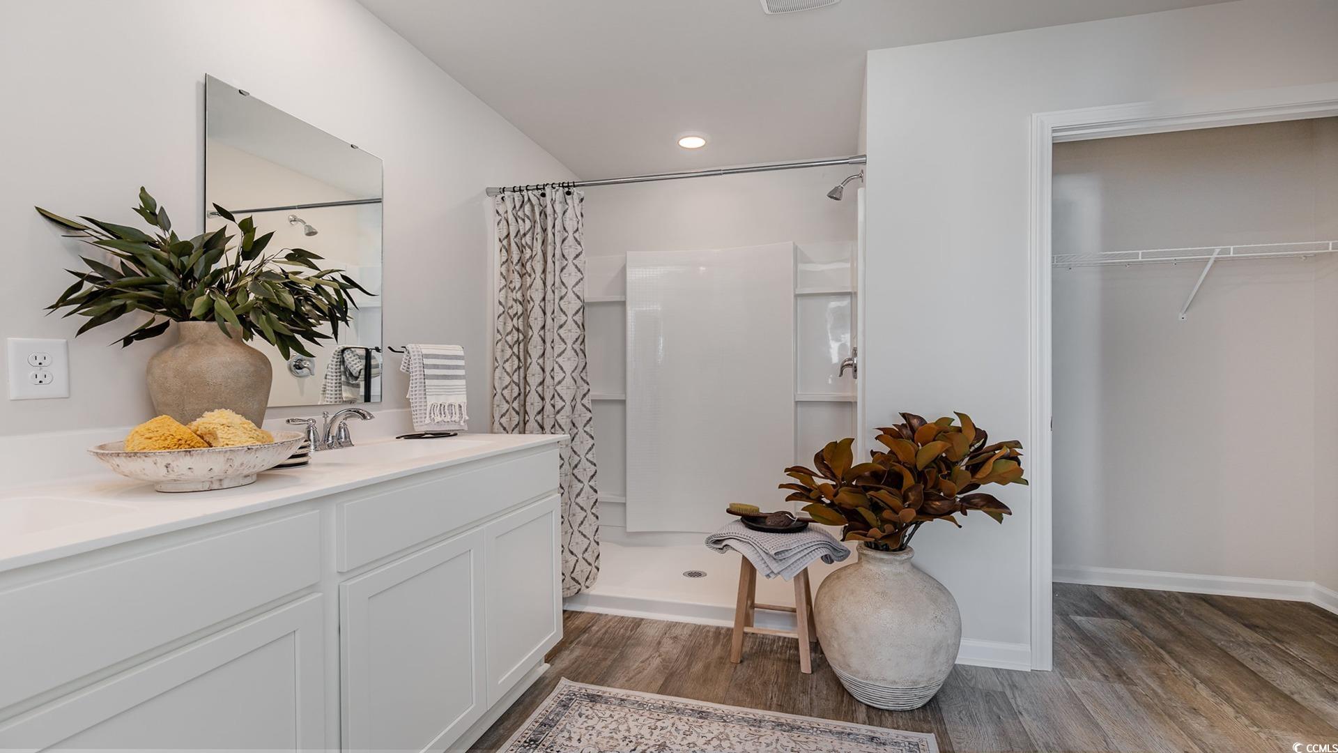 850 Farmers Passage Loop Loris, SC 29569 - Photo 17 of 28 Bathroom featuring wood finished floors, a shower with curtain, vanity, recessed lighting, and baseboards