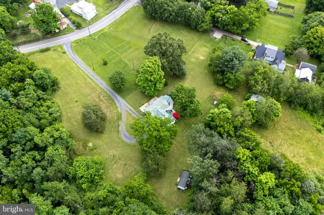 an aerial view of green landscape with trees houses and mountain view
