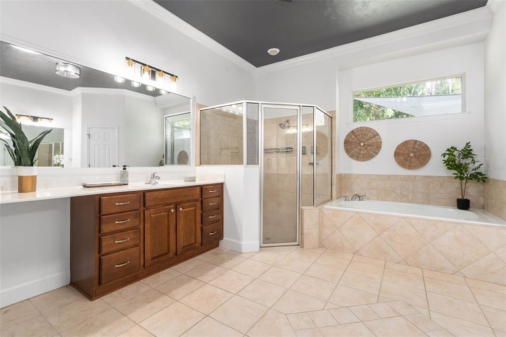6326 Southwest 90th Street Gainesville, FL 32608 - Photo 20 of 44 a spacious bathroom with a granite countertop sink a mirror a vanity and a bathtub