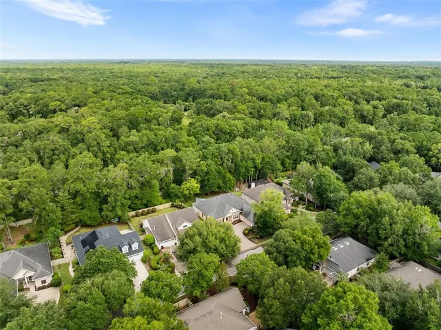 an aerial view of residential houses with outdoor space and trees