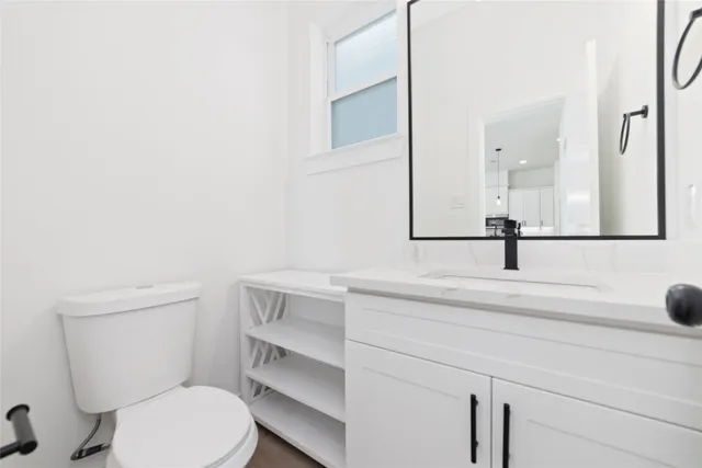 a bathroom with a sink a toilet and mirror