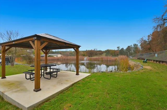 a garden view with a seating space
