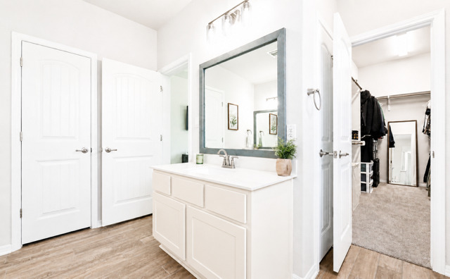 1928 Lakeside Ranch Road Georgetown, TX 78633 - Photo 20 of 37 A well-appointed bathroom features a bright vanity and a convenient walk-in closet beyond the doorway.