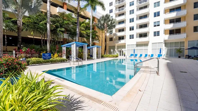 a building exterior with furniture