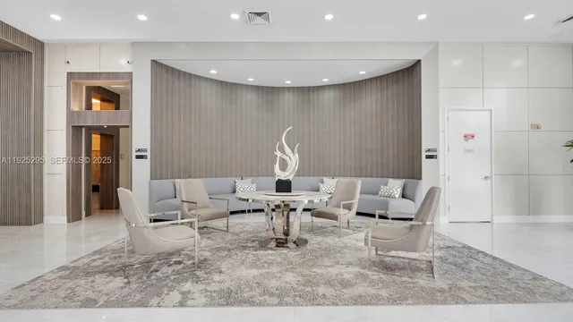 a view of a porch with furniture and a chandelier