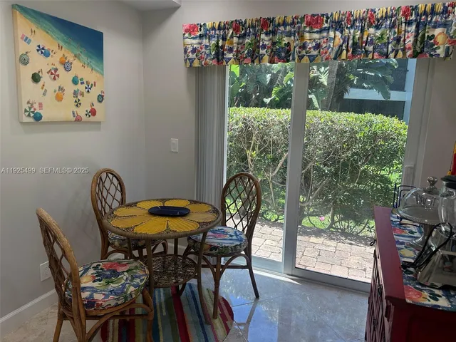 a view of a dining room with furniture window and outside view