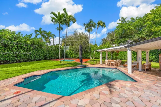 a view of a backyard with swimming pool