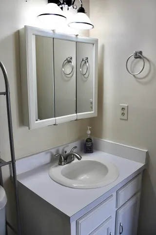 a bathroom with a sink and a mirror