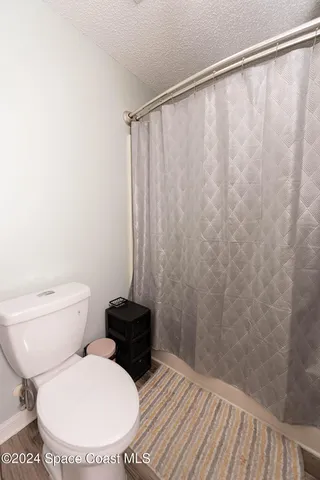 a white toilet sitting next to a shower curtain