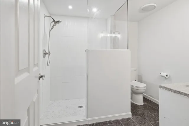 a bathroom with a shower and a toilet