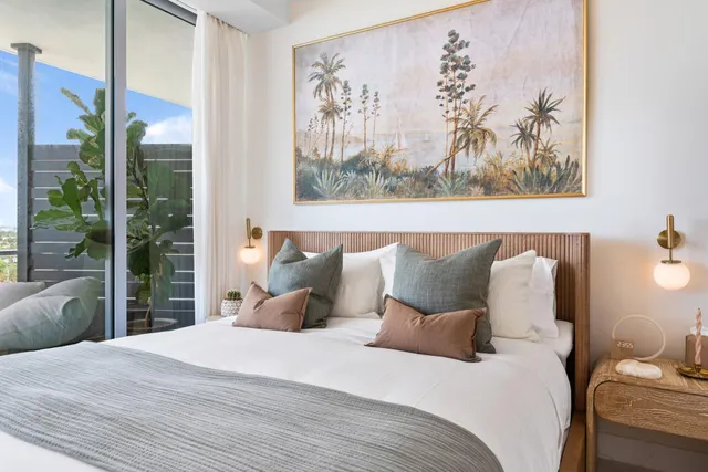 a living room with furniture and a potted plant