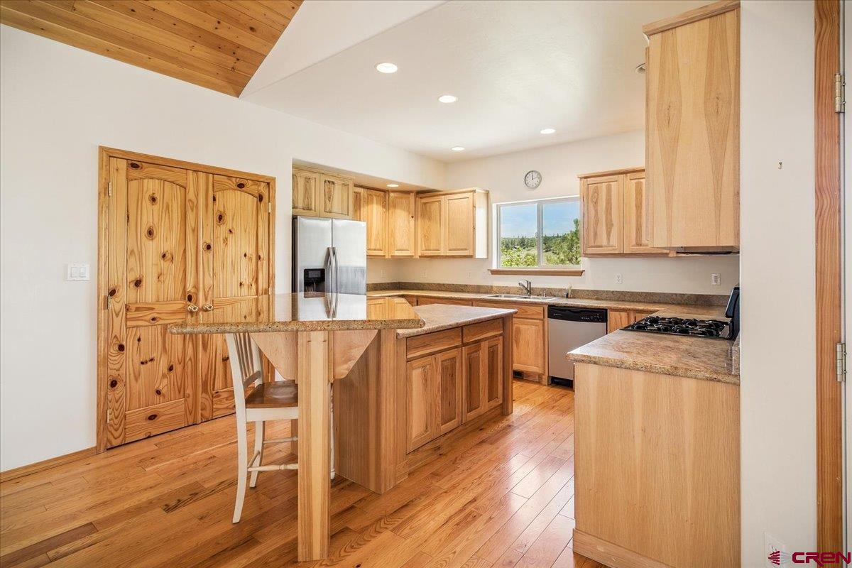 196 Dylan Drive Pagosa Springs, CO 81147 - Photo 23 of 44 a kitchen with stainless steel appliances granite countertop a stove a sink dishwasher and a refrigerator with wooden floor