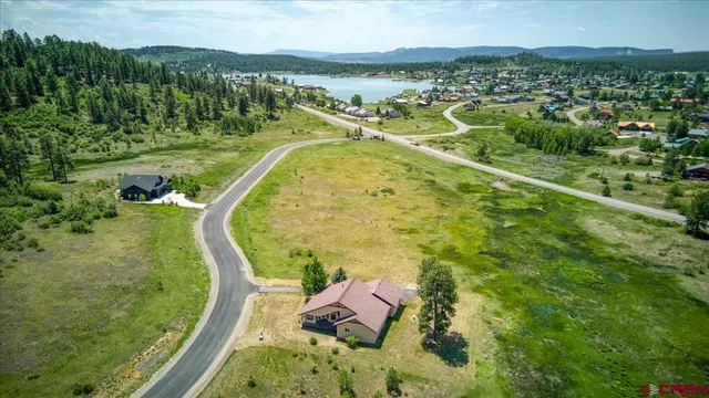 an aerial view of residential houses with outdoor space and swimming pool